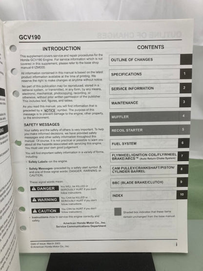 Honda 61ZM000Z GCV190 Engine Shop Manual Supplement 2003 Genuine