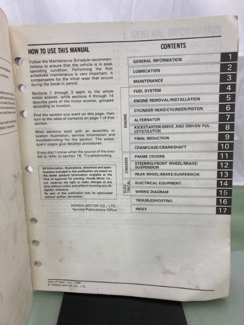 Honda 61GS601 SB50 Elite50ES SB50P Elite50E Service Manual 1988-1990 Genuine