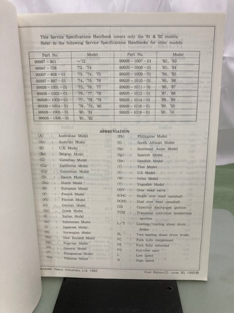Kawasaki 99926-1020-01 Service Specification Handbook '91, '92 Model Genuine