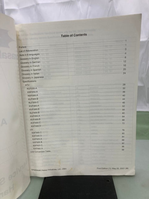 Kawasaki 99926-1032-01 ATV & UTV Service Specifications Handbook '98-'00 Genuine