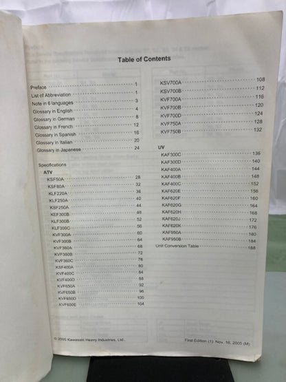 Kawasaki 99926-1037-01 ATV & UTV Service Specifications Handbook '01-'05 Genuine