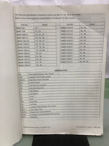 Kawasaki 99926-1037-01 Service Specifications Handbook '01-'04 Model Genuine