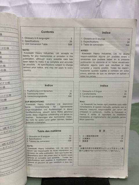 Kawasaki 99926-1037-01 Service Specifications Handbook '01-'04 Model Genuine