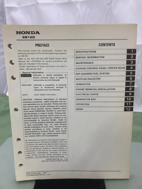 Honda 61ZC600 EB12D Generator Shop Manual '91 w/ Supplement 61ZC600Z '93 Genuine