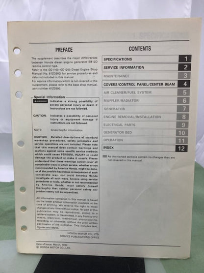 Honda 61ZC600 EB12D Generator Shop Manual '91 w/ Supplement 61ZC600Z '93 Genuine