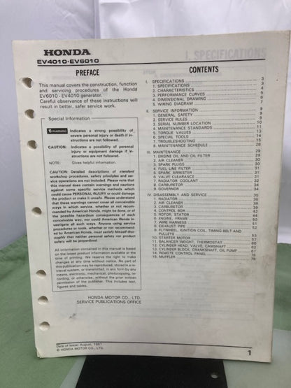 Honda 61ZB500 EV4010 EV6010 Generator Shop Manual 1991 w/ 2002 Revisions Genuine