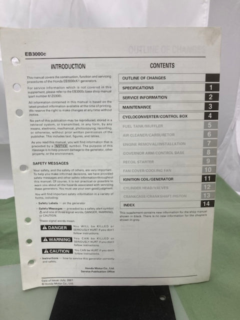 Honda 61Z0300 EB3000c Generator Shop Manual '99 w/ Supplements Y/X Genuine