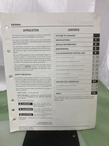 Honda 61Z0300 EB3000c Generator Shop Manual '99 w/ Supplements Y/X Genuine