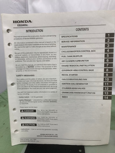 Honda 61Z0300 EB3000c Generator Shop Manual '99 w/ Supplements Y/X Genuine