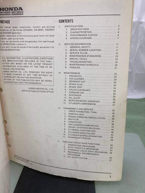 Honda 61ZB100 EM1600X EM1800X EM2200X EB2200X Generator Shop Manual 1983 Genuine