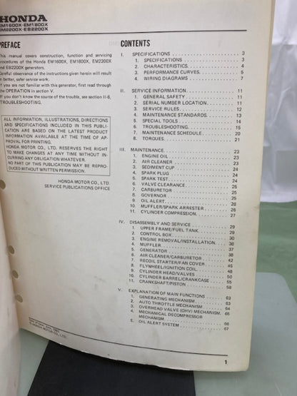 Honda 61ZB100 EM1600X EM1800X EM2200X EB2200X Generator Shop Manual 1983 Genuine
