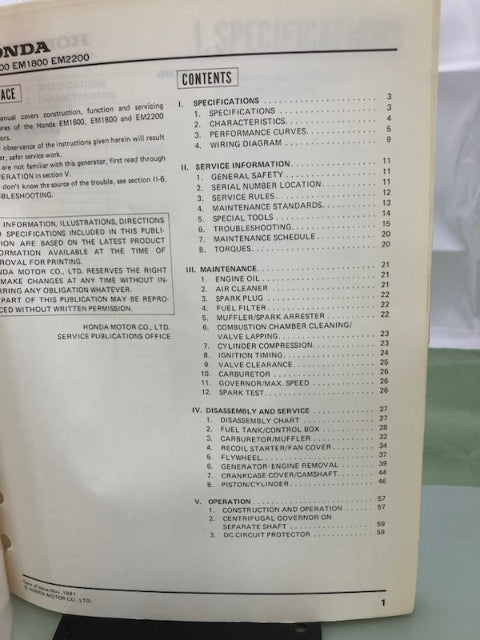 Honda 6189700 EM1600 EM1800 EM2200 Generator Shop Manual 1981 Genuine