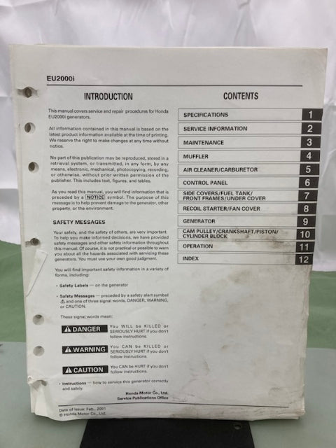 Honda 61Z0700 EU2000i Generator Shop Manual 2001 Genuine