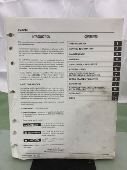 Honda 61Z0700 EU2000i Generator Shop Manual 2001 Genuine