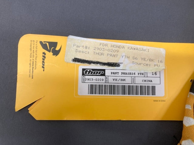 Thor 2903-209 Phase S6 Youth Riding Pants Yellow Size 16 New Genuine