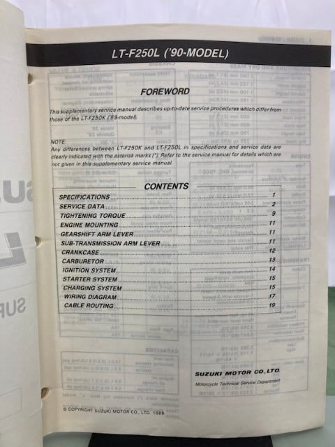 Suzuki 99501-42140-01E LT-F250 Supplementary Service Manual '89 Genuine