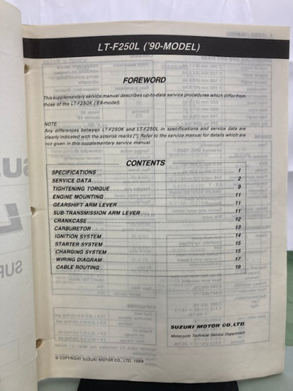 Suzuki 99501-42140-01E LT-F250 Supplementary Service Manual '89 Genuine