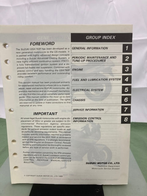 Suzuki 99500-37060-03E GSX750F Service Manual '88 Genuine