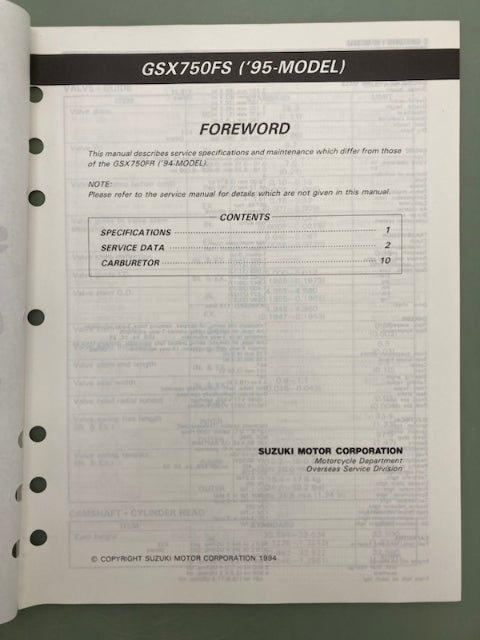 Suzuki 99501-37180-03E GSX750F Supplementary Service Manual '94 Genuine