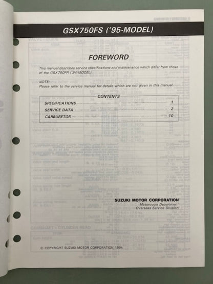 Suzuki 99501-37180-03E GSX750F Supplementary Service Manual '94 Genuine