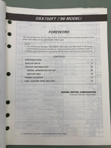 Suzuki 99501-37190-03E GSX750F Supplementary Service Manual '95 Genuine