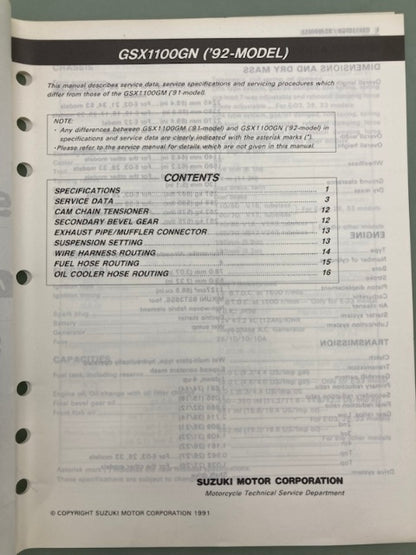 Suzuki 99501-39190-03E GSX1100G Supplementary Service Manual '91 Genuine
