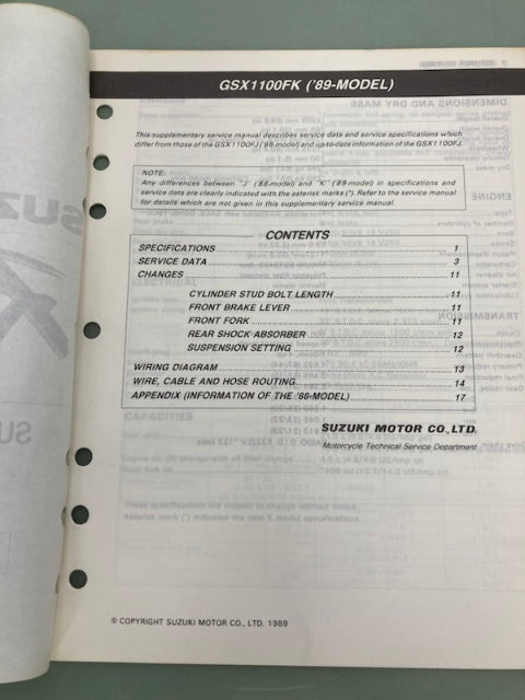 Suzuki 99501-39160-03E Katana 1100 Supplementary Service Manual '89 Genuine
