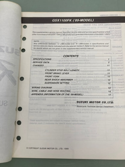 Suzuki 99501-39160-03E Katana 1100 Supplementary Service Manual '89 Genuine