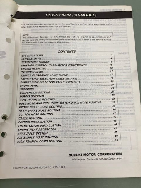 Suzuki 99501-39170-03E GSXR1100 Supplementary Service Manual '90 Genuine