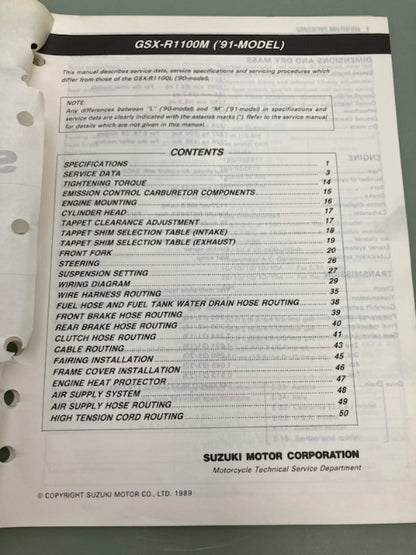 Suzuki 99501-39170-03E GSXR1100 Supplementary Service Manual '90 Genuine