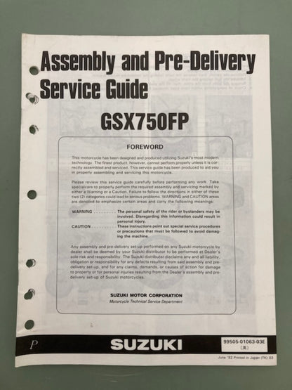Suzuki 99501-01063-03E GSX750FP Assembly & PreDelivery Service Guide '92 Genuine