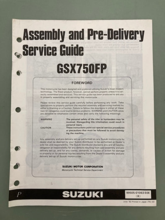 Suzuki 99501-01063-03E GSX750FP Assembly & PreDelivery Service Guide '92 Genuine