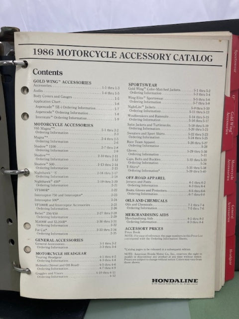 Honda Hondaline Motorcycle Accessory Catalog 1986 Genuine