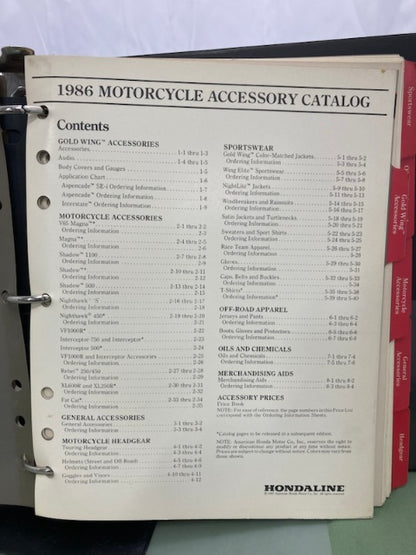 Honda Hondaline Motorcycle Accessory Catalog 1986 Genuine