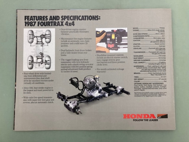Honda FourTrax 4x4 1987 ATV Sales Brochure Genuine