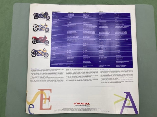 Honda Sportbikes VFR750F CBR600F3 CBR900RR CBR1000F Sales Brochure 1996 Genuine