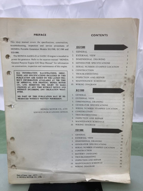 Honda 6287101 EG1500 EC1500 ED1000 Generator Shop Manual 1977 Genuine