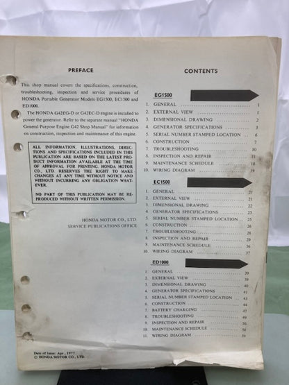 Honda 6287101 EG1500 EC1500 ED1000 Generator Shop Manual 1977 Genuine
