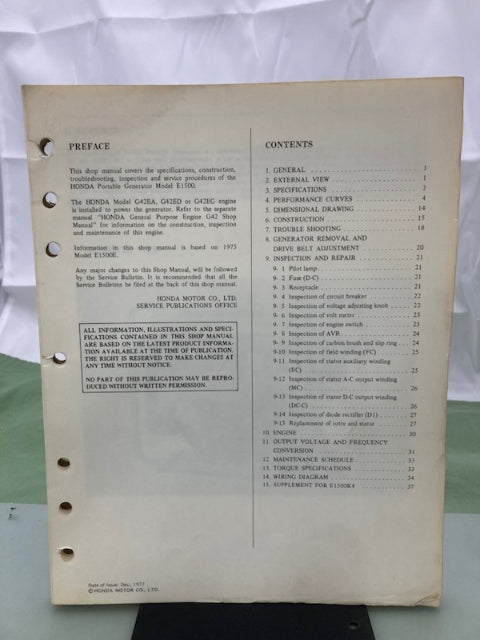 Honda 6287602 E1500 Portable Generator Shop Manual 1977 Genuine