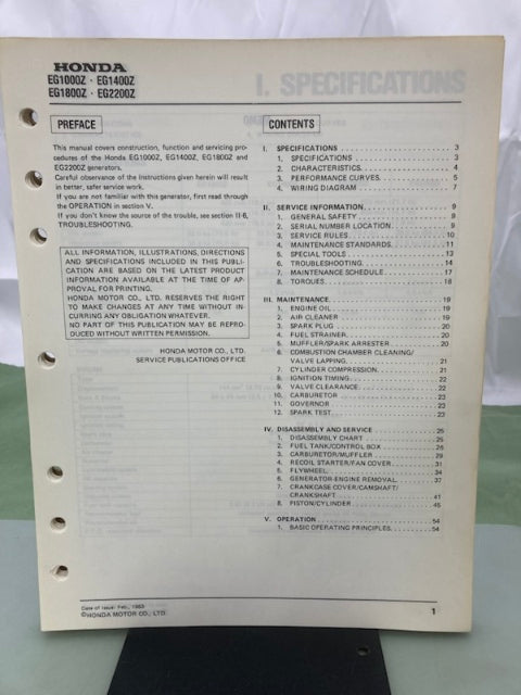 Honda 61ZA300 EG1000Z EG1400Z EG1800Z EG2200Z Generator Shop Manual 1983 Genuine