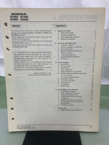 Honda 61ZA300 EG1000Z EG1400Z EG1800Z EG2200Z Generator Shop Manual 1983 Genuine