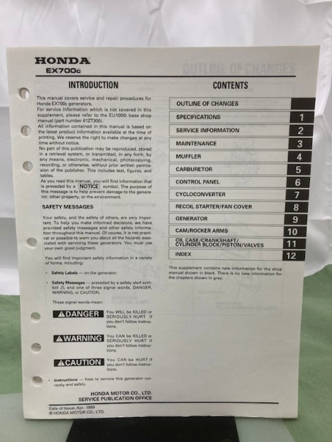 Honda 61ZT300 EU1000i Shop Manual '98 Revised '03 w/ Supplement '99 Genuine