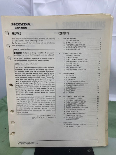 Honda 61ZC000 EX1000 Shop Manual 1985 w/ Supplement 61ZC000Z 1997 Genuine