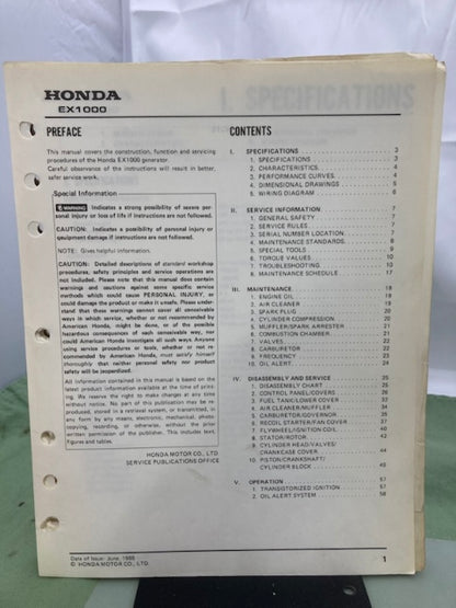 Honda 61ZC000 EX1000 Shop Manual 1985 w/ Supplement 61ZC000Z 1997 Genuine