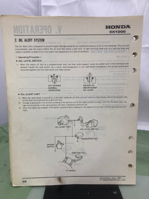 Honda 61ZC000 EX1000 Shop Manual 1985 w/ Supplement 61ZC000Z 1997 Genuine