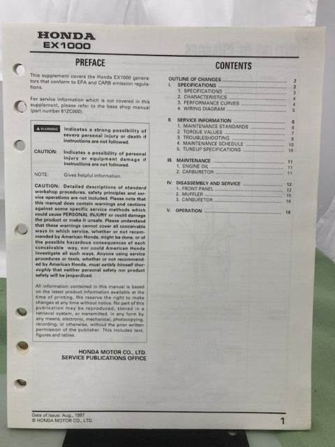 Honda 61ZC000 EX1000 Shop Manual 1985 w/ Supplement 61ZC000Z 1997 Genuine