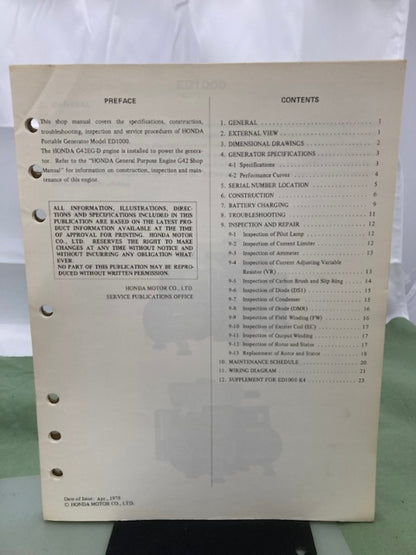 Honda 6287210 ED1000 Portable Generator Shop Manual 1978 Genuine
