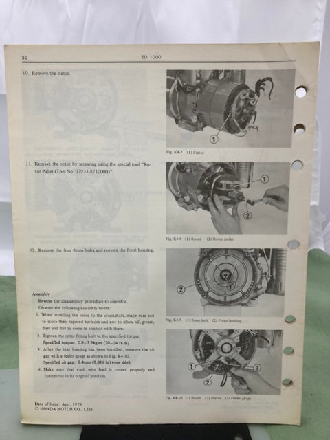 Honda 6287210 ED1000 Portable Generator Shop Manual 1978 Genuine