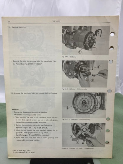 Honda 6287210 ED1000 Portable Generator Shop Manual 1978 Genuine