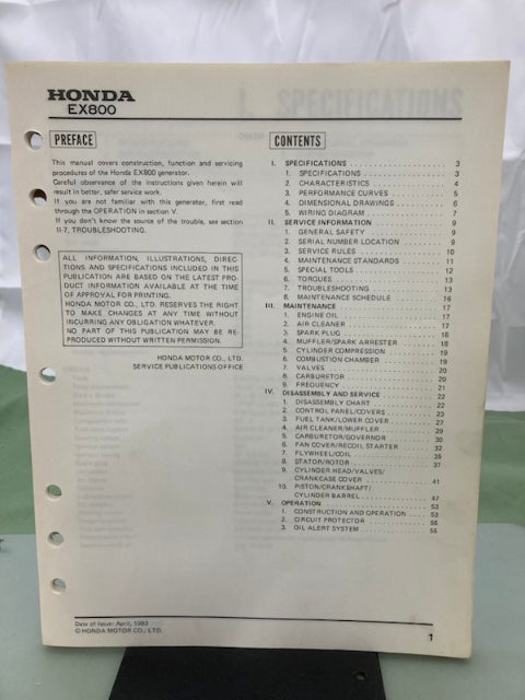 Honda 61ZA700 EX800 Generator Shop Manual 1983 Genuine